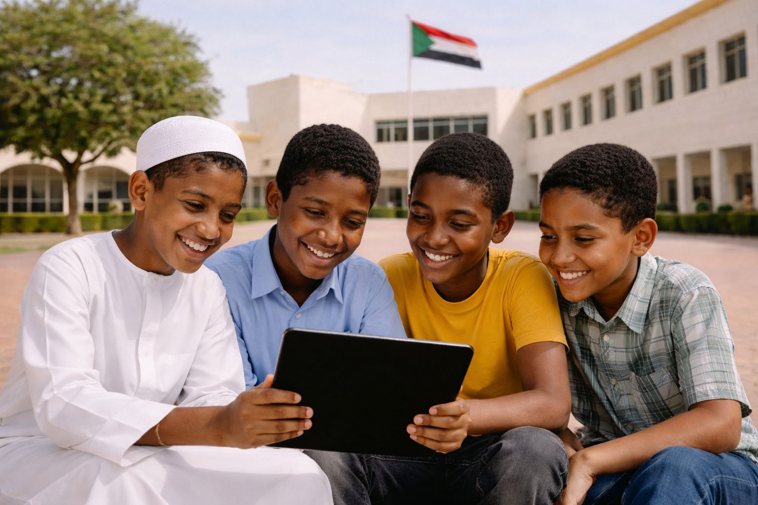 طلاب يتابعون درساً على جهاز لوحي